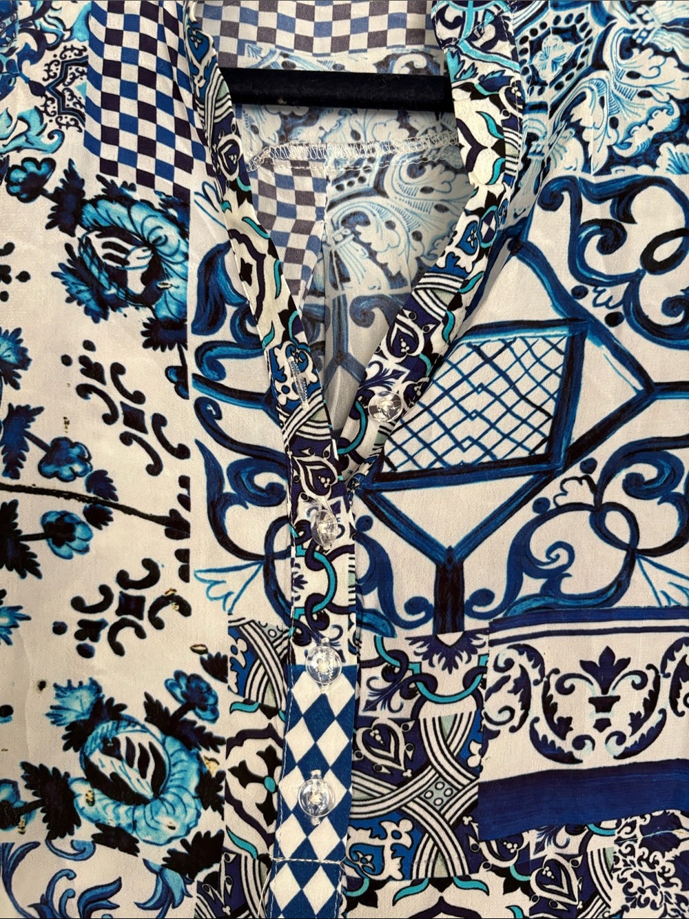 Shana Blue & White Patchwork Button-Front Blouse - Picture 3 of 4